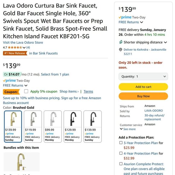 Lava Odoro Gold Bar Sink Faucet KBF201-SG - Picture 3 of 7